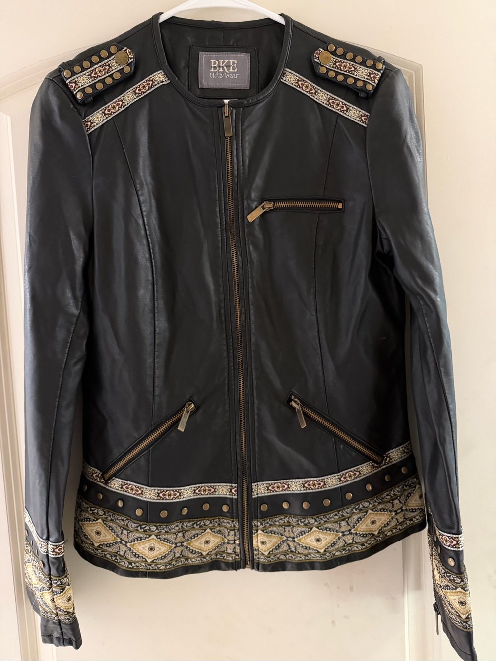 BKE Black Leather Jacket with Gold & Cream Embellishment